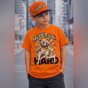 Vibrant Orange 'Hustle' Bear Kids T-Shirt & hat Sz 5 NWT